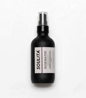 Bottle of Soulita's natural rosewater in a white background, ideal for hydrating and toning the skin