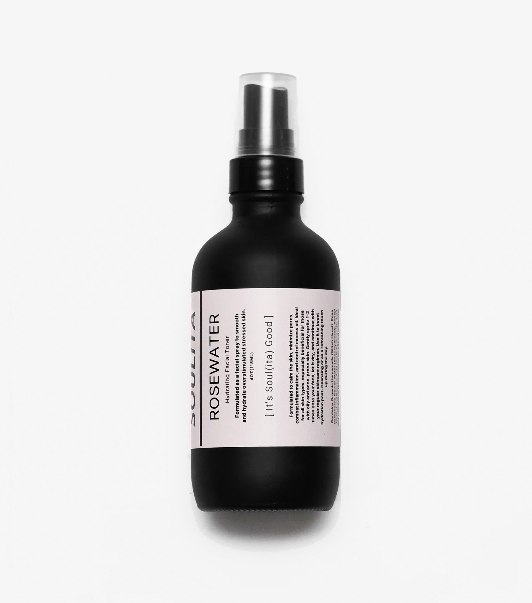 Bottle of Soulita's natural rosewater in a white background, ideal for hydrating and toning the skin